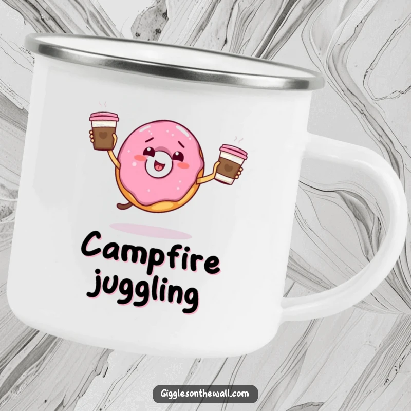 Funny giddy donut juggling coffee cups on a camping mug, for outdoor coffee lovers, perfect funny gift.
