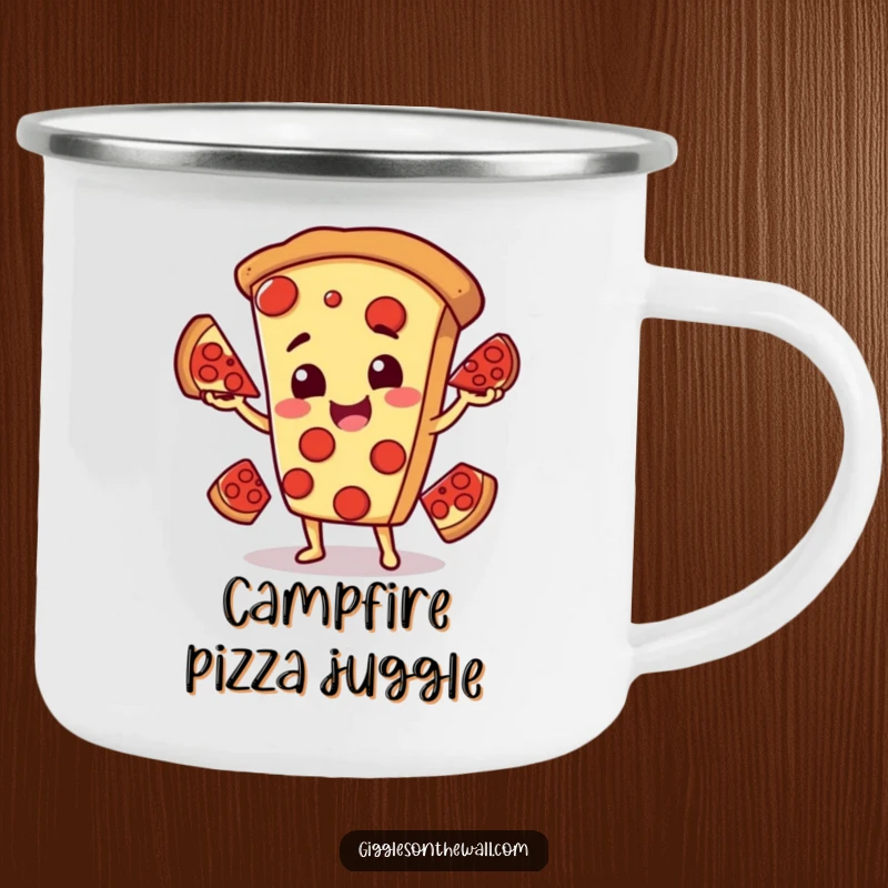 Funny camping mug featuring a smiling pizza character comically juggling pepperoni slices, perfect for outdoor sips and fun.