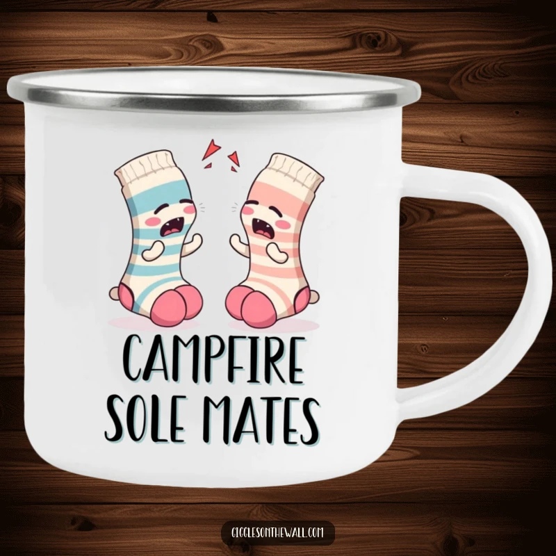 Funny Sock Camping Mug: A durable mug with a pair of socks in a dramatic argument, perfect for outdoor adventures and humor.