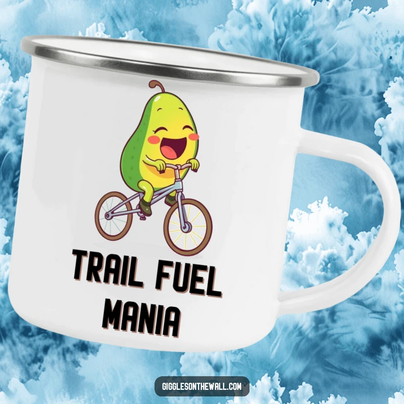 Funny camping mug showing a laughing avocado character precariously riding a spaghetti unicycle, perfect for outdoor humor and sturdy drinks.