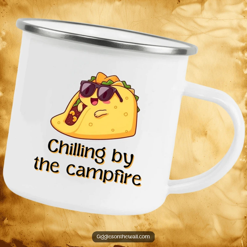Funny lounging taco camping mug showing a cool taco character in sunglasses, lounging on a giant chip.