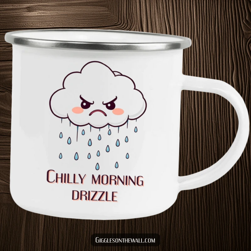 Funny grumpy cloud camping mug, a durable cup with a displeased cloud raining tiny, disgruntled raindrops.