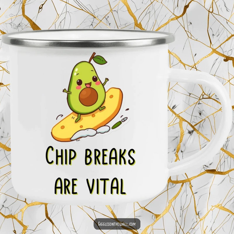 Funny avocado character surfing a giant chip on a rugged camping mug, perfect for outdoor enthusiasts who appreciate comical designs.