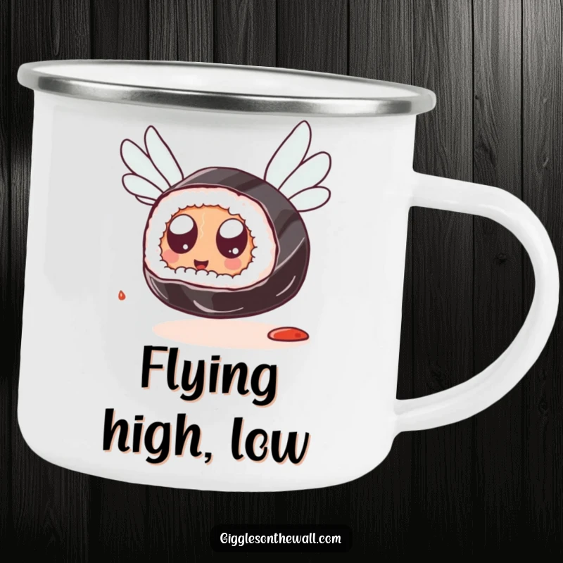 Funny Sushi Flying Camping Mug: A sturdy mug with a sushi piece with googly eyes attempting flight with soy sauce packets, bringing humorous adventures outdoors.