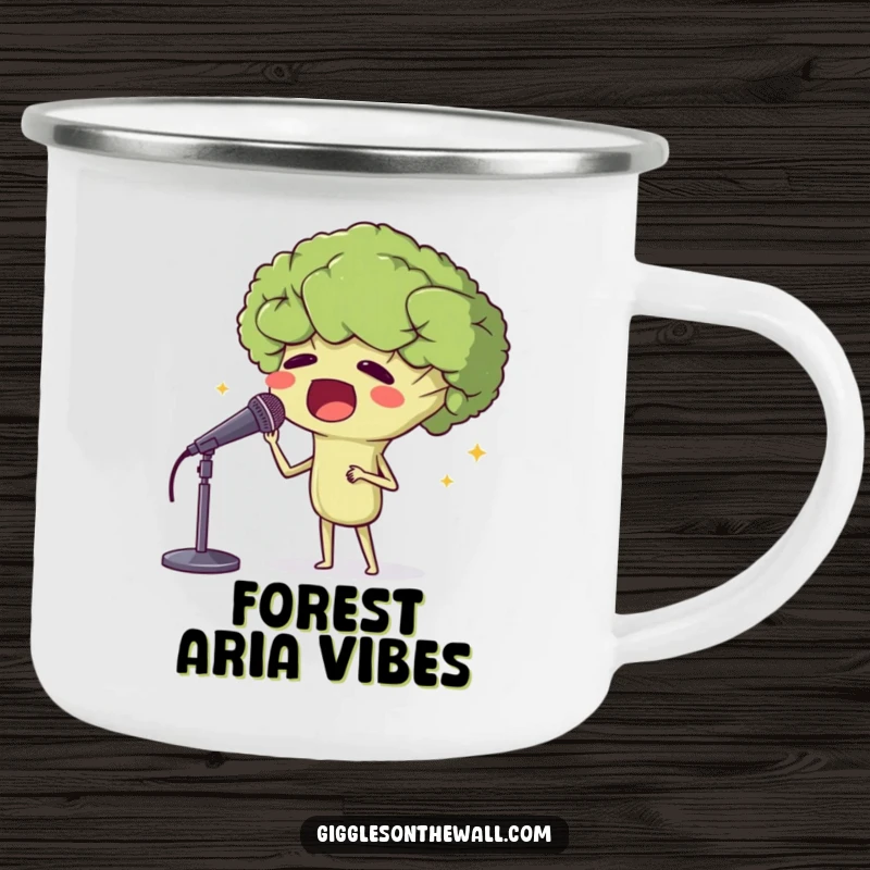 Funny camping mug featuring a proud broccoli head singing opera, perfect for outdoor enthusiasts who appreciate music and humor.