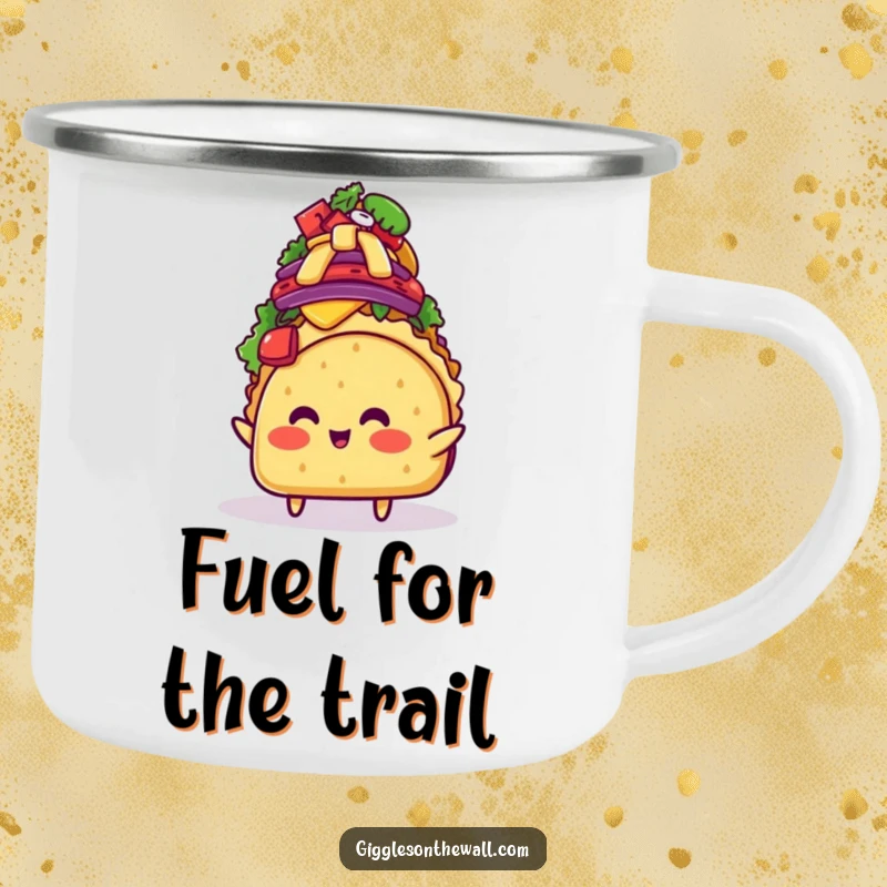 Funny blushing taco character struggling with toppings on a durable camping mug, ideal for outdoor enthusiasts who love comical food designs.