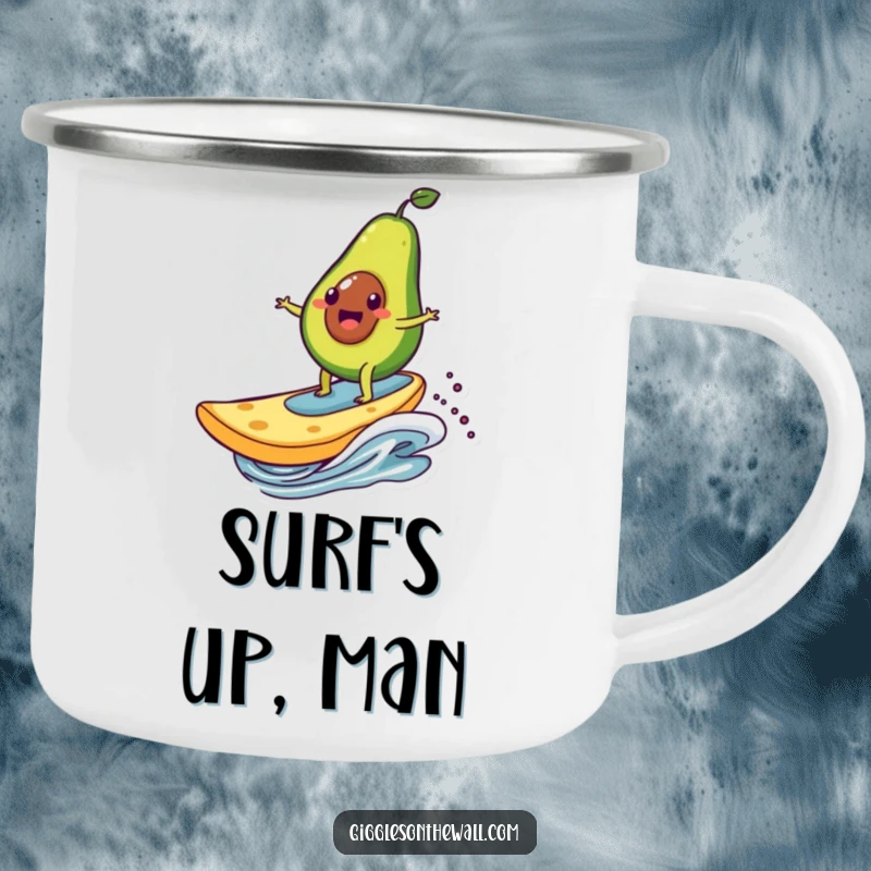 Funny camping mug depicting an avocado character surfing on a giant chip, a durable and humorous mug for outdoor enthusiasts.