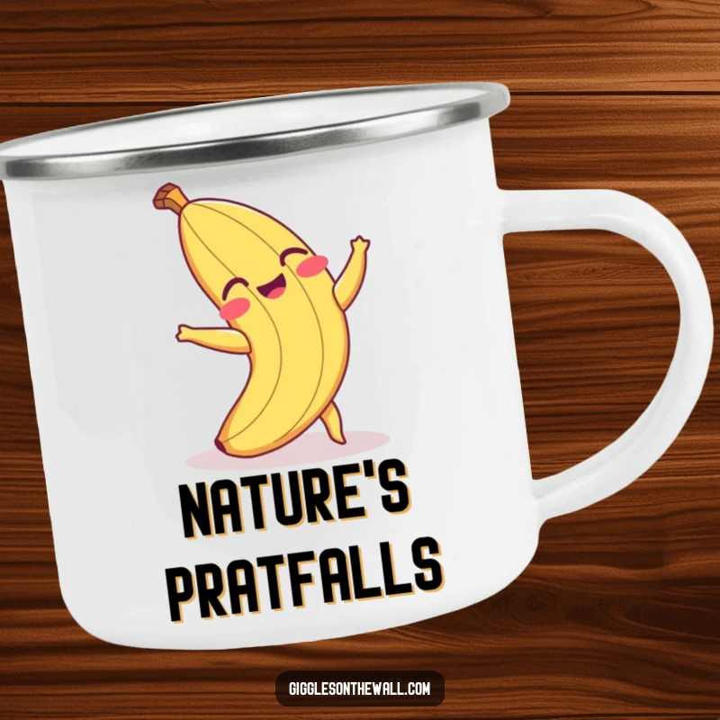 Funny camping mug showing a laughing banana peel tripping, built for adventure and delivering laughs with every sip.