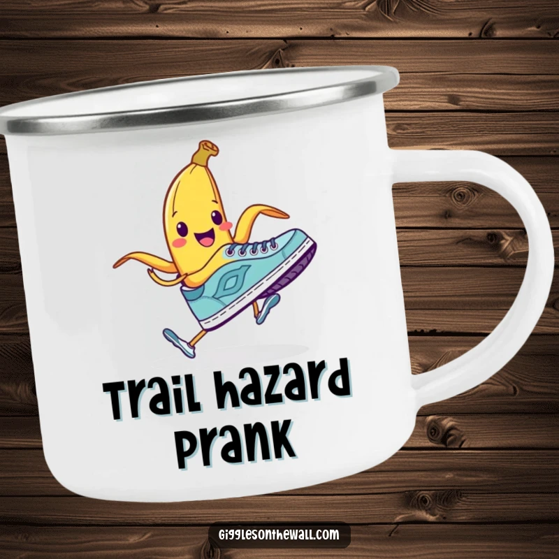 Funny camping mug showing a smiling banana peel attempting to trip a running shoe, for humorous outdoor enjoyment.