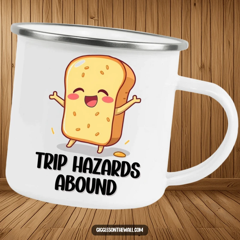 Funny camping mug with a bread loaf in a clumsy, joyful pratfall, ideal for outdoor fun and a great funny gift.