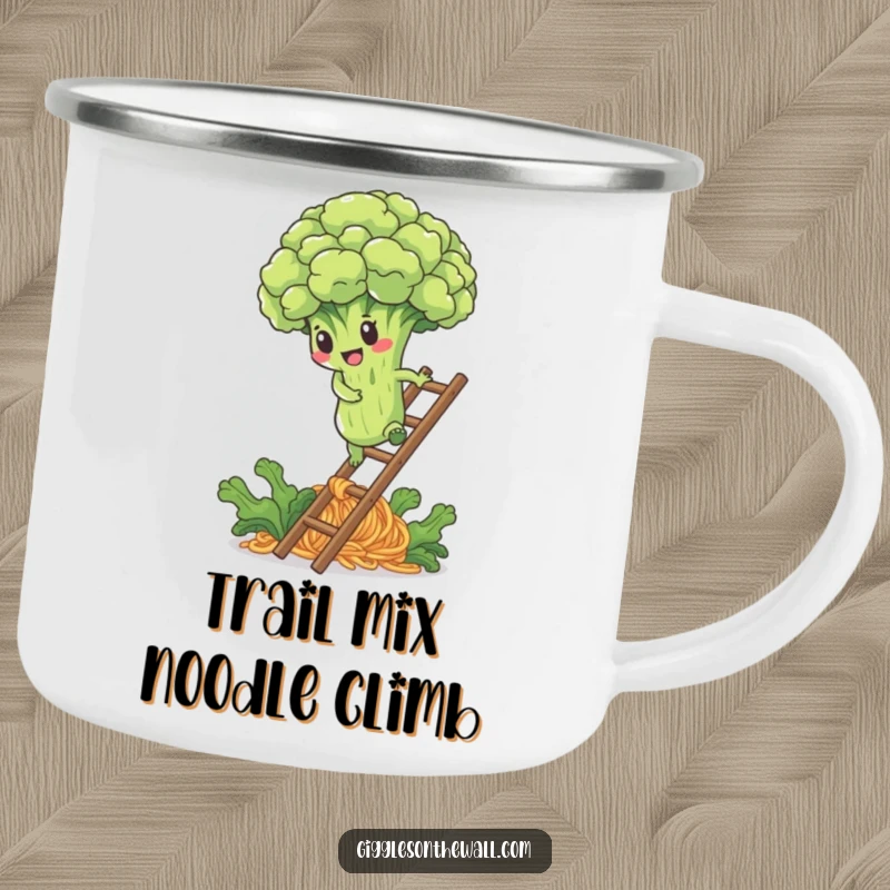 Funny camping mug with a determined broccoli floret climbing a noodle ladder, ideal for outdoor coffee breaks.