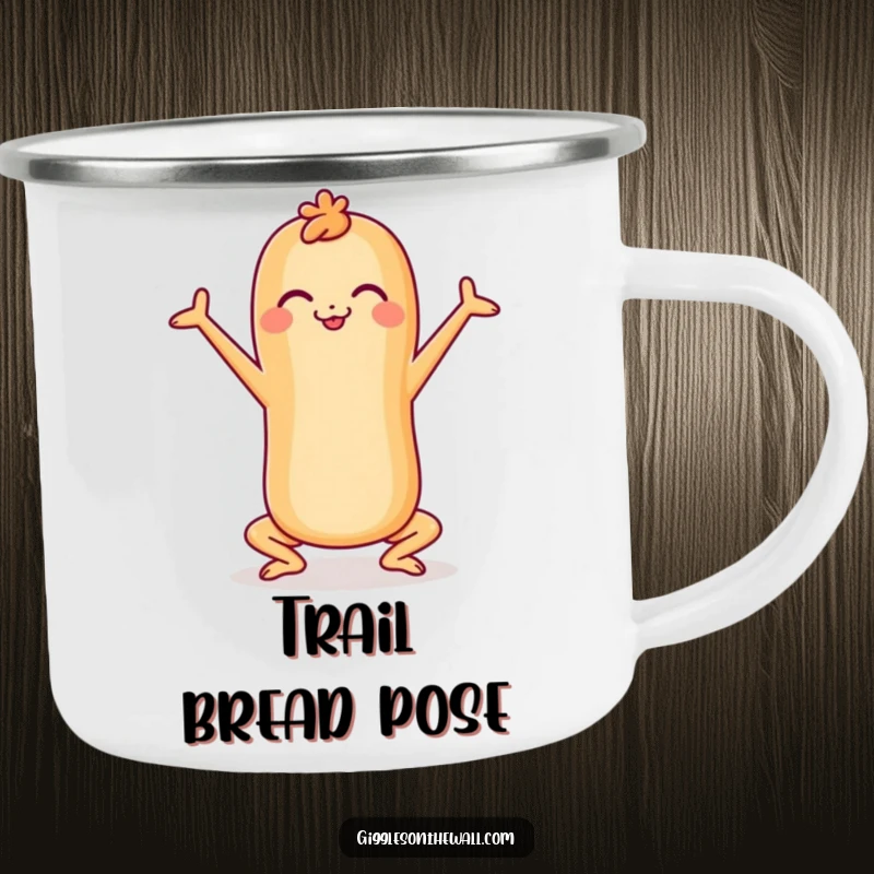Funny cheerful baguette doing a yoga pose on a camping mug, for outdoor wellness, perfect funny gift.