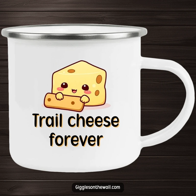 Funny camping mug showcasing a cheese character hilariously hiding behind a cracker, a durable and humorous mug for outdoor enthusiasts.