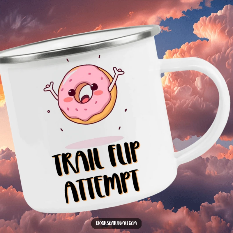 Funny camping mug featuring a donut doing a clumsy cartwheel, perfect for enjoying drinks outdoors with a humorous, relatable theme.
