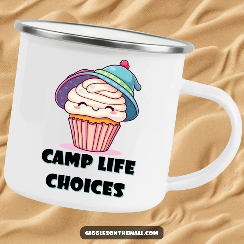 Funny camping mug with a playful cupcake wearing two hats, ideal for outdoor fun and a great funny gift.