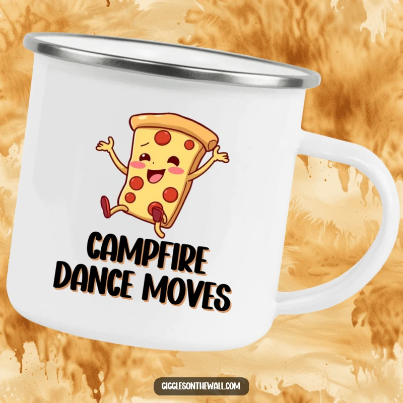 Funny pizza slice camping mug with legs dancing enthusiastically, clumsy but happy, rugged and humorous outdoor gear.