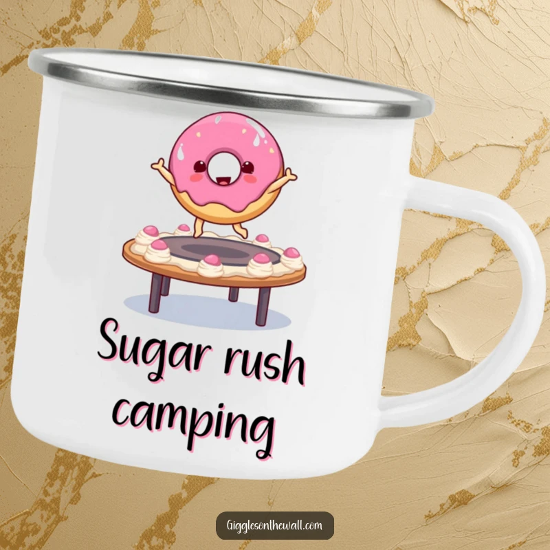 Funny donut character bouncing on a frosting trampoline on a durable camping mug, ideal for outdoor enthusiasts who love sweet, comical designs.