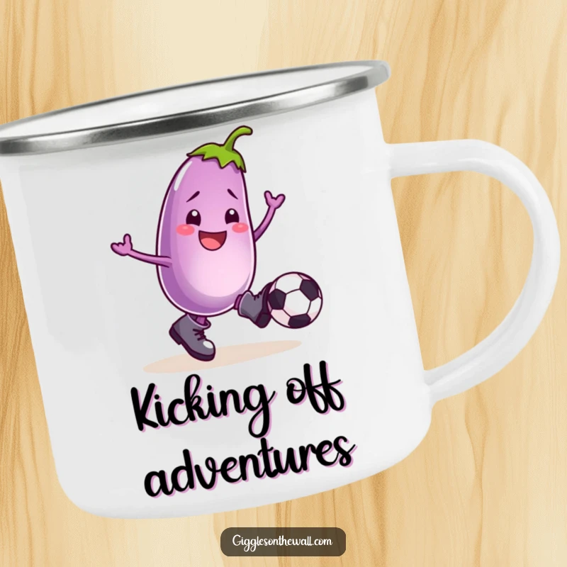 Funny camping mug with a smiling eggplant in boots, kicking a football, your durable and humorous outdoor companion.