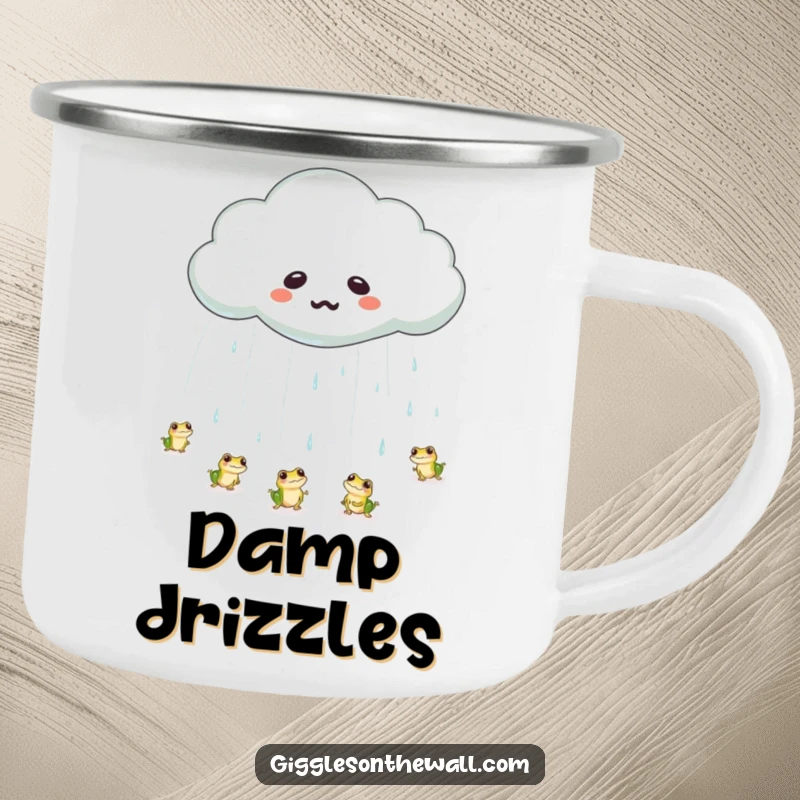 Funny frog rain cloud camping mug showing an emotional cloud raining tiny bouncing frogs, perfect for outdoor enjoyment.
