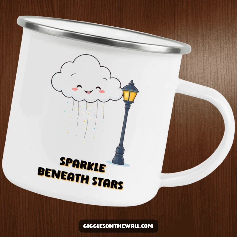 Funny camping mug showing a happy cloud raining glitter onto a grumpy lamppost, for whimsical outdoor enjoyment.