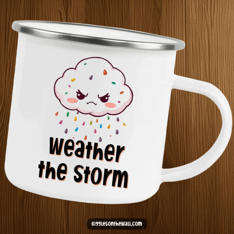 Funny grumpy cloud character raining colorful sprinkles on a durable camping mug, ideal for outdoor enthusiasts who love whimsical, comical designs.