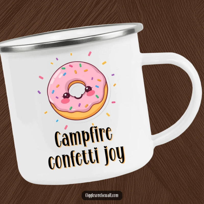 Funny camping mug with a happy donut and falling confetti, perfect for outdoor celebrations and a cheerful funny gift.