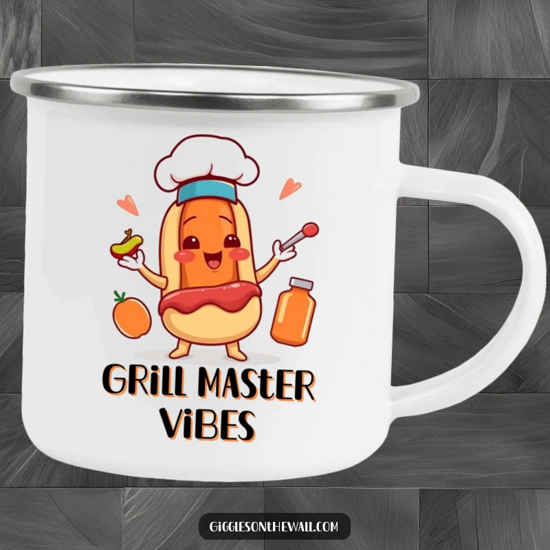 Funny camping mug featuring a smiling hot dog chef character juggling condiments, perfect for outdoor culinary fun.
