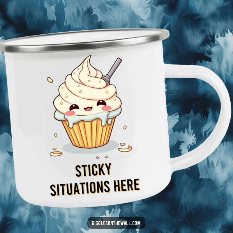 Funny camping mug with a cupcake character comically frosting itself, creating a sweet mess, for outdoor enjoyment.