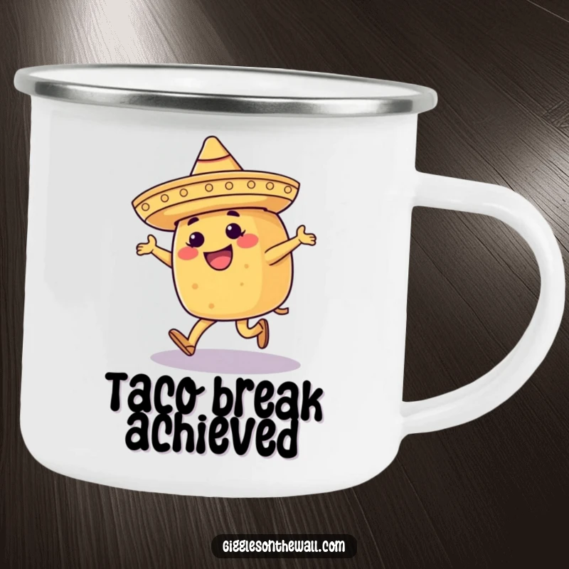 Funny camping mug featuring a happy taco with a sombrero, moonwalking, durable for outdoor adventures and fun.