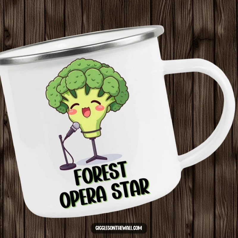 Funny opera broccoli camping mug, a proud broccoli character hitting a high note, perfect for outdoor performances.