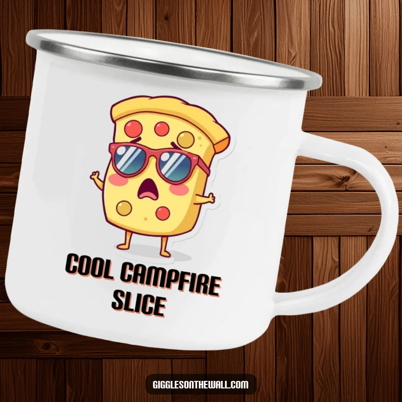 Funny camping mug with a surprised slice of pizza wearing tiny sunglasses, ideal for outdoor coffee breaks.