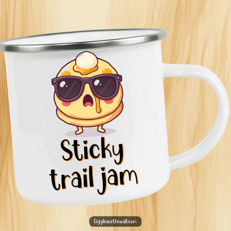 Funny surprised pancake wearing sunglasses and syrup on a camping mug, for outdoor fun, perfect funny gift.