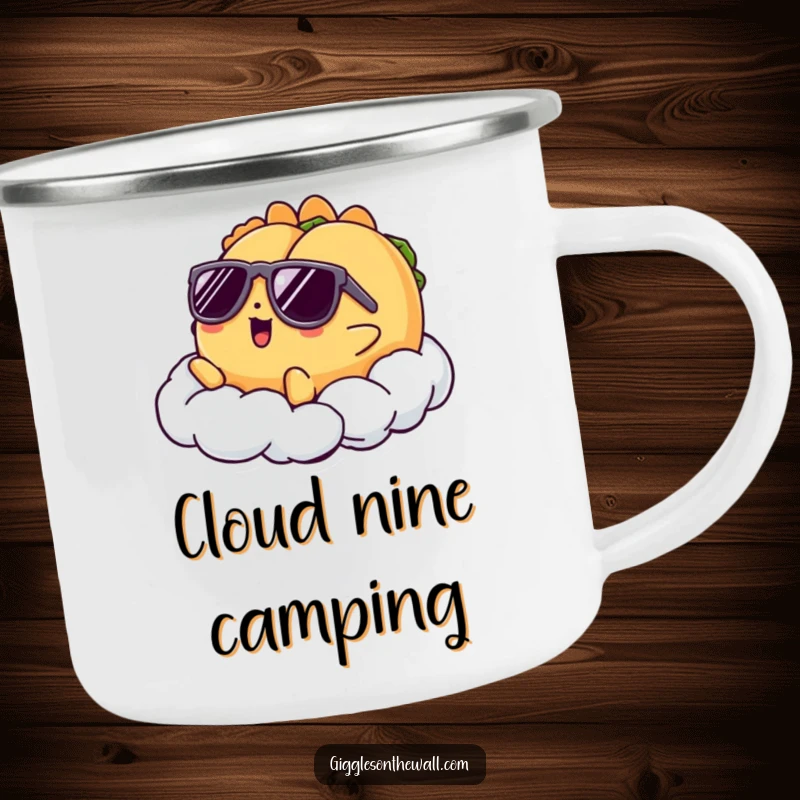 Funny camping mug featuring a taco character in sunglasses lounging on a cloud, perfect for cool sips during outdoor adventures.