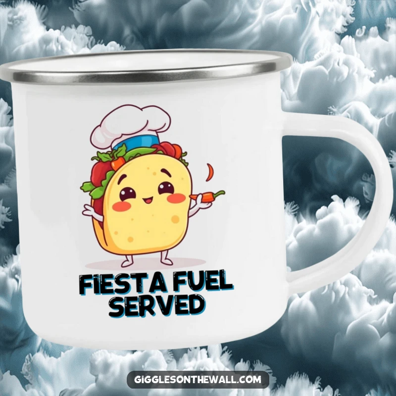 Funny taco chef camping mug comically juggling chili peppers, rugged and humorous outdoor drinkware.