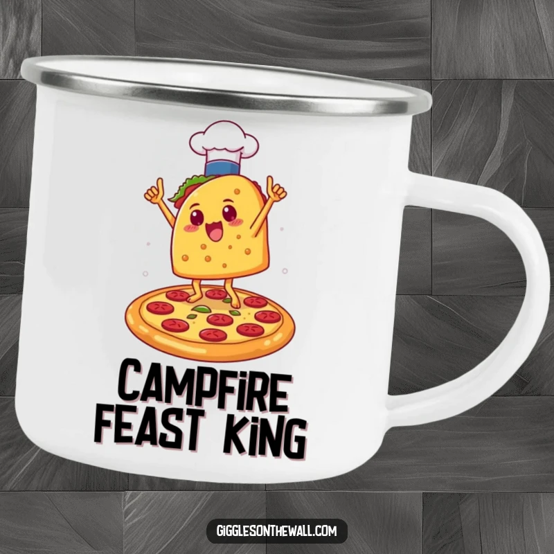 Funny Taco Chef Victory Camping Mug: A sturdy mug with a taco chef dancing victoriously on a pizza, bringing humorous celebration outdoors.