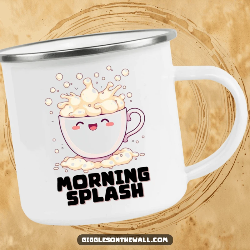 Funny teacup camping mug comically overflowing with bubbles and splashing, rugged and humorous outdoor drinkware.