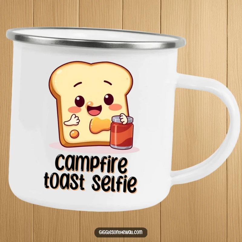 Funny camping mug showing a sentient slice of toast taking a selfie with jam, for humorous breakfast enjoyment.