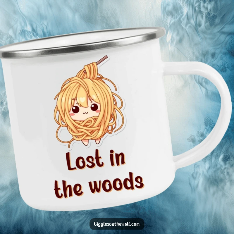 Funny camping mug with a bewildered ramen noodle character tangled in its own strands, for outdoor enjoyment.