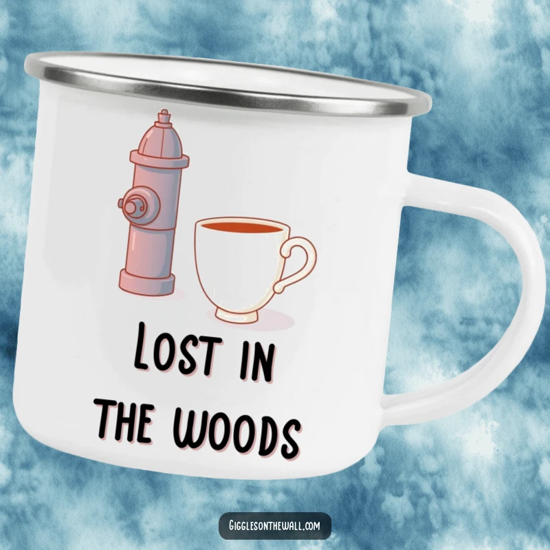 Funny enamel camping mug, teacup hugging a fire hydrant, outdoor adventure, durable and humorous.