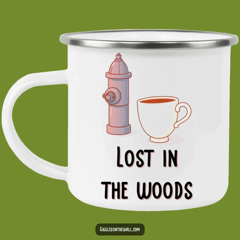 Funny Enamel Teacup Camping Mug - Hugging Fire Hydrants Outdoors