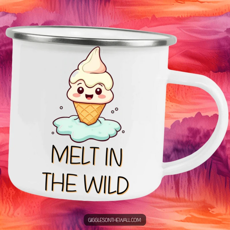 Funny camping mug featuring a happy ice cream cone character melting into a puddle, perfect for sweet outdoor enjoyment.