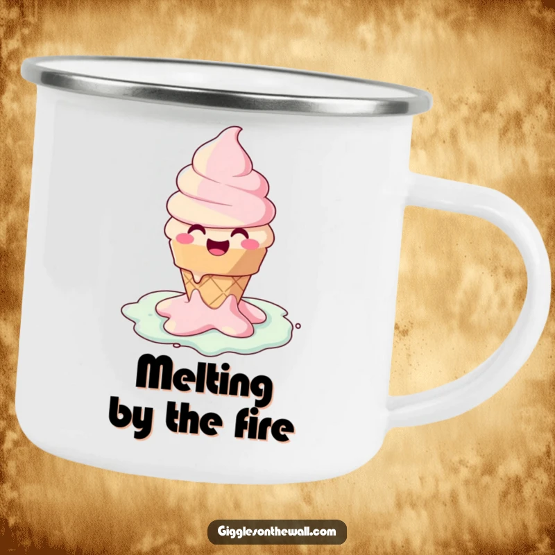 Funny camping mug featuring a happy ice cream cone character melting into a puddle of joy, perfect for outdoor refreshment.