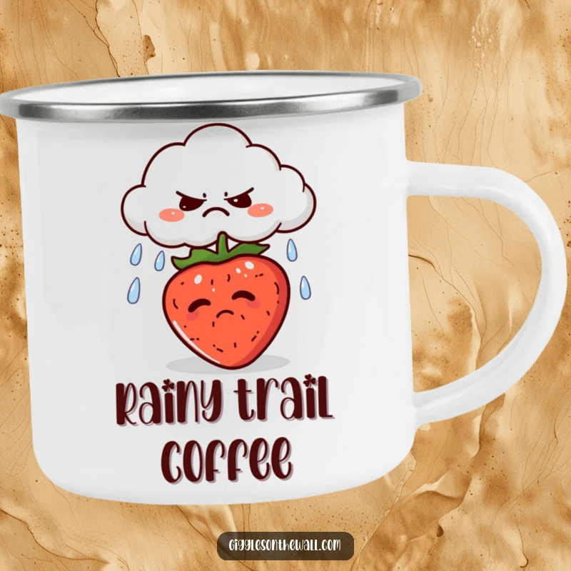 Funny camping mug featuring a grumpy cloud spitting rain onto a sunbathing strawberry, perfect for outdoor enthusiasts who love weather humor.