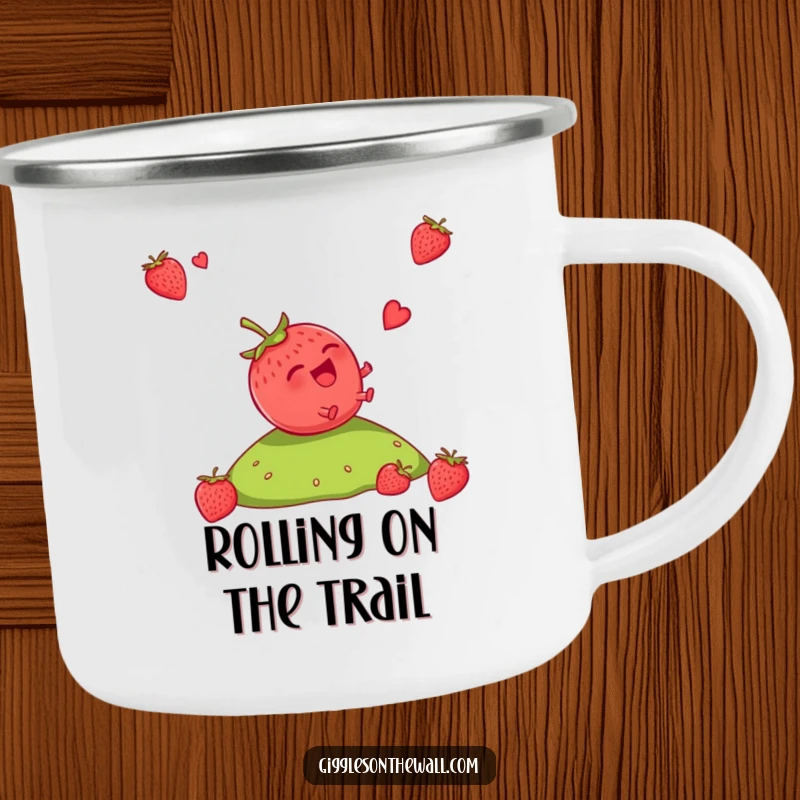 Funny Strawberry Camping Mug: A durable mug with a giggling strawberry rolling downhill, perfect for outdoor adventures and humor.
