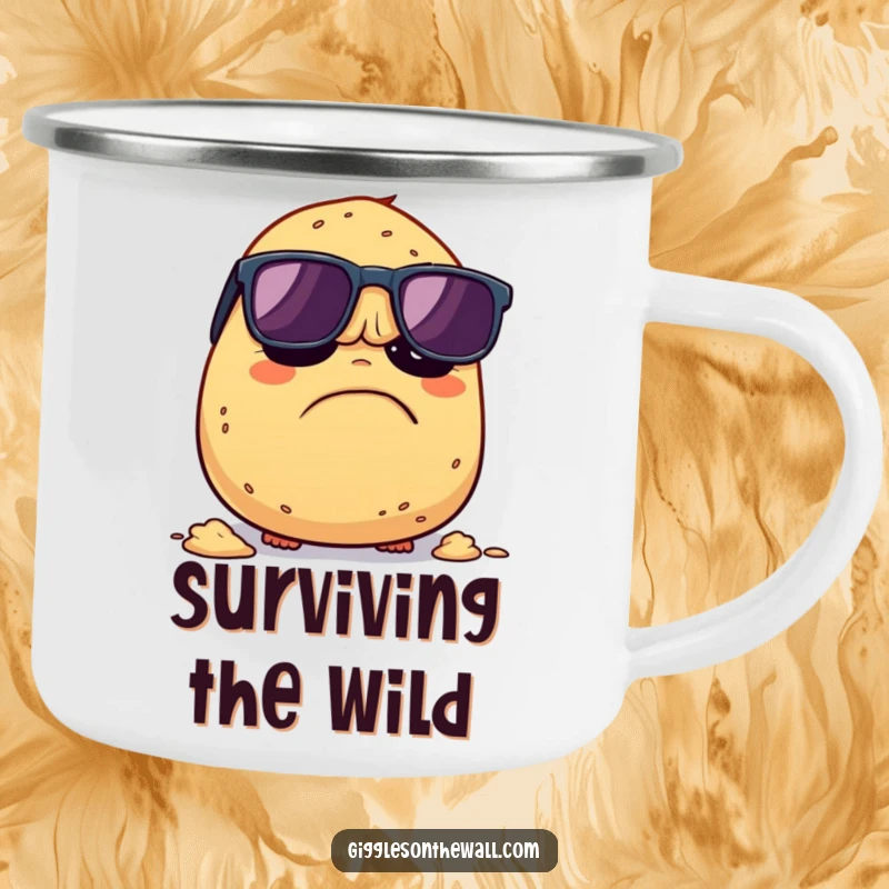 Funny Grumpy Potato Camping Mug: A sturdy mug with a grumpy potato in sunglasses trying to escape being mashed, bringing humorous adventures outdoors.