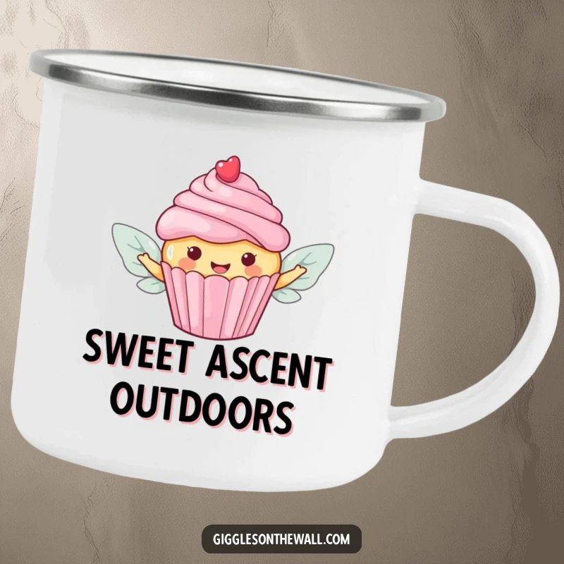 Funny camping mug with a happy cupcake and candy wings, ready for a sweet escape into the wilderness.