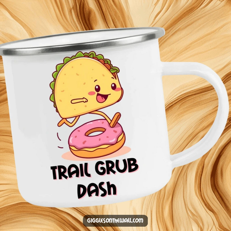 Funny camping mug showing a taco runner tripping over a donut during a marathon, for humorous outdoor enjoyment.