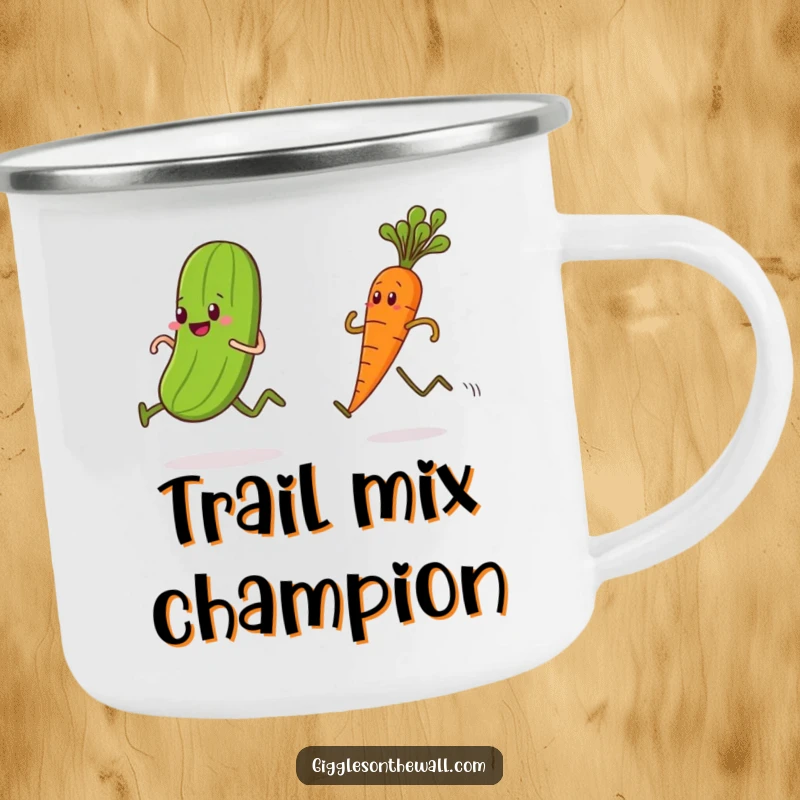 Funny enamel camping mug, pickle racing a carrot, outdoor gear, humorous vegetable design.