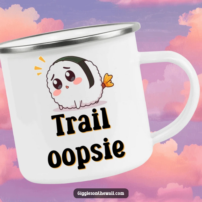 Funny camping mug featuring a surprised sushi character comically tripping over its tail, perfect for outdoor sipping and smiles.