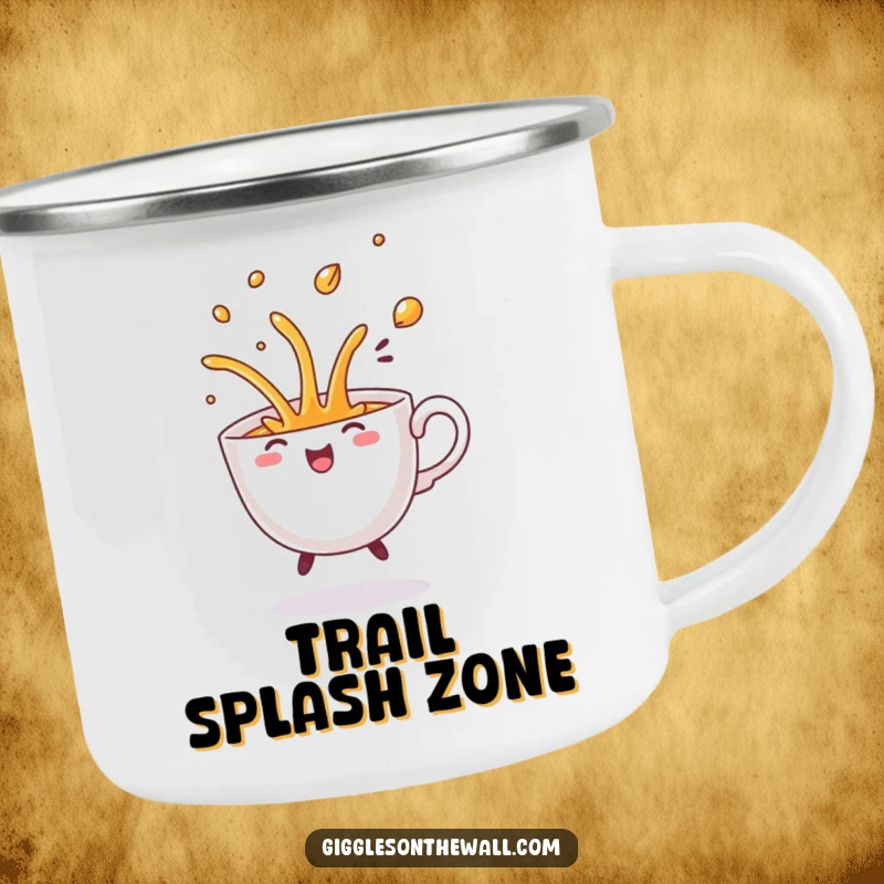 Funny Dancing Teacup Camping Mug, sturdy enamel design showing a teacup dancing and spilling with a comical flourish.